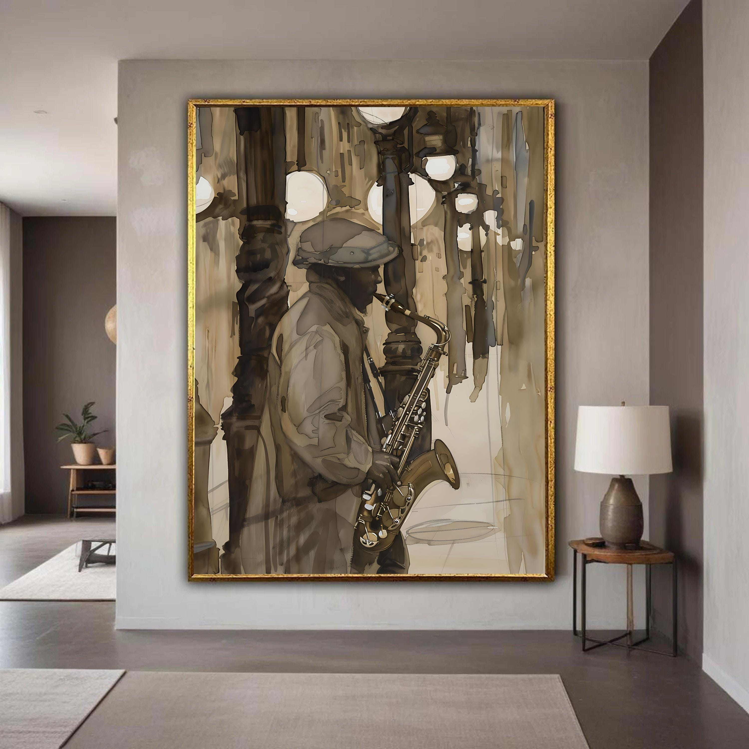 ジャズミュージシャンのサックスキャンバスプリント、街の夜の