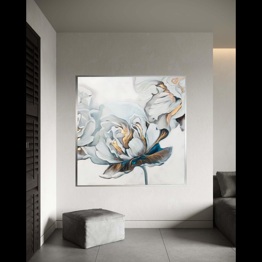 Elegant White Peony Canvas, Floral Wall Art With Gold Accents, Modern ...