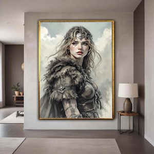 Fierce Viking Warrior Woman Canvas, Fantasy Portrait Wall Art, Nordic Shieldmaiden Home Decor, Medieval Warrior Canvas, Gift Art, Home Decor