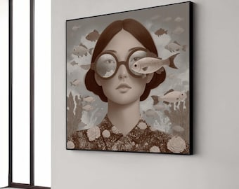 Surreal Underwater Portrait Canvas, Woman with Fish Glasses, Artistic Ocean Life Wall Art, Modern Home Decoration, Gift Art, Home Decor