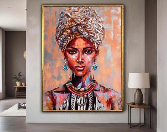 Vibrant African Woman Portrait Canvas, Tribal Headwrap Wall Art, Ethnic Fine Art Print, Colorful Cultural Canvas Decor, Gift Art, Home Decor