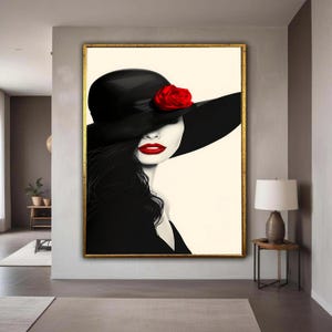 Elegant Woman with Black Hat and Red Rose Canvas, Fashion Portrait Wall Art, Glamorous Lady Illustration, Modern Home Gift Art, Home Decor