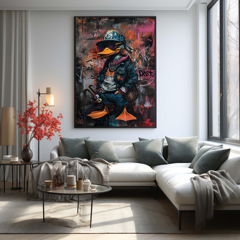 May include: A colorful abstract painting of a duck wearing a baseball cap, sunglasses, and a denim jacket. The duck is standing on a graffiti-covered wall with the word "Dust" written on it.