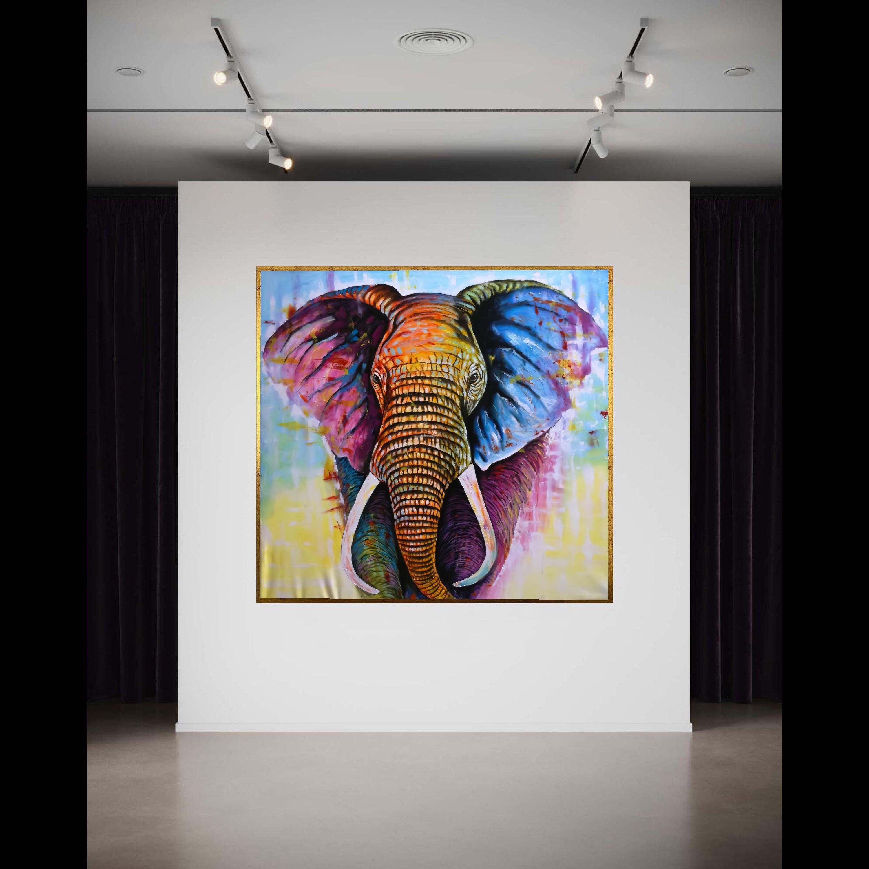 鮮やかな象の頭のキャンバス、カラフルな抽象的な動物の壁アート