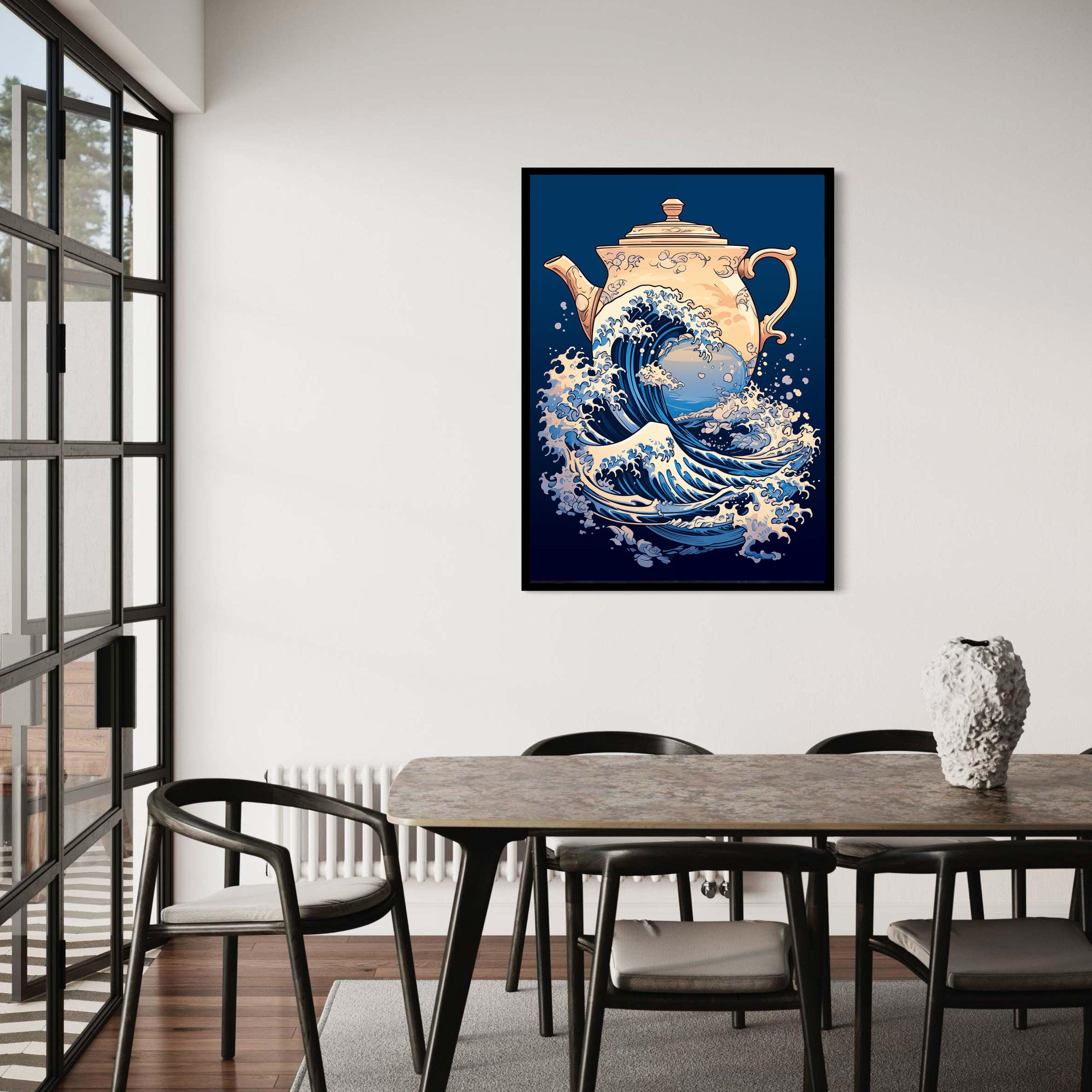 Japanese Wave and Teapot Fusion Canvas, Blue Ocean Wave Art