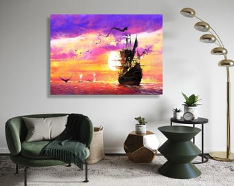 Vibrant Sunset Sailing Ship Canvas, Ocean Landscape Wall Art, Colorful Seascape Painting, Nautical Canvas Decor, Home Gift Art, Home Decor