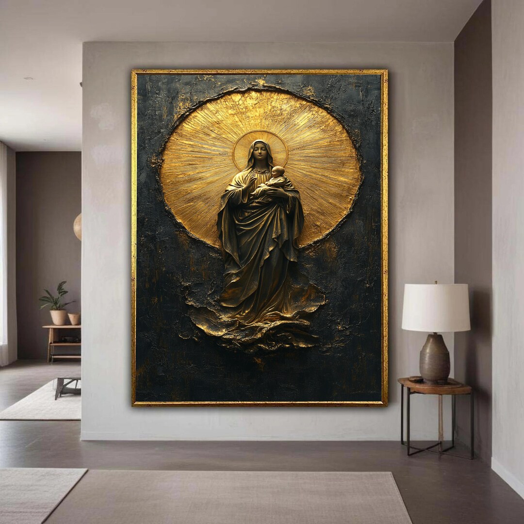 Mary and Baby Jesus Canvas Wall Art, Religious Christian Decor, Gold ...