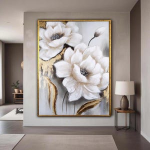Elegant White Magnolia Flowers Canvas, Modern Floral Wall Art, Floral Painting, Neutral Home Decor, Ready to Hang Gift Art, Home Decor
