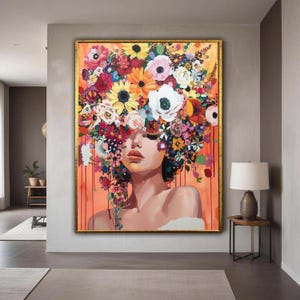 Lebendiges Blumenkronen-Frauenporträt, bunte Blumen-Kopfstück-Leinwand, moderne abstrakte Gesichtskunst, feminine Wanddekoration, Geschenkkunst, Wohndekor