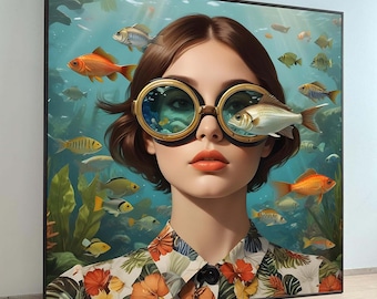 Könnte beinhalten: Eine Frau mit kurzen braunen Haaren trägt eine große runde goldene Brille, durch deren Linse ein Fisch schwimmt. Die Frau trägt ein Blusenkleid mit Blumenmuster und ist von bunten Fischen in einer blauen und grünen Unterwasserlandschaft umgeben.