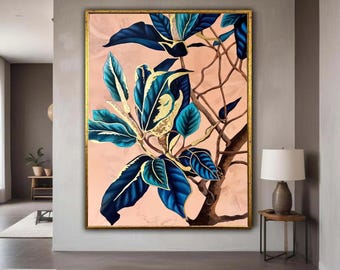 Elegant Blue and Gold Leaves Canvas, Botanical Wall Art, Modern Nature Print, Abstract Floral Home Decor, Ready to Hang Gift Art, Home Decor