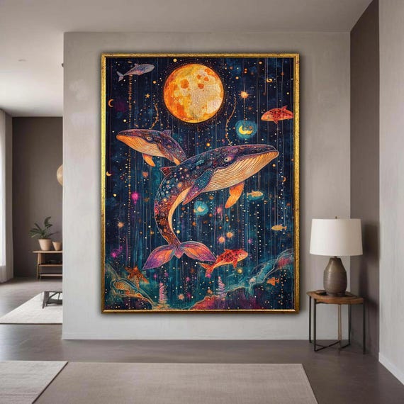 宇宙のクジラと月光、夢のような海のキャンバスアート、ファンタジーな 