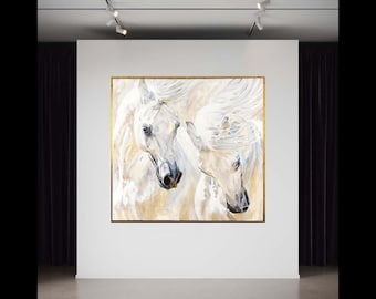 Lienzo decorativo con majestuosos caballos blancos, pintura abstracta equina, decoración del hogar en tonos neutros, elegante lienzo animal, regalo artístico, decoración del hogar