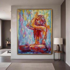 Impresión en lienzo de una mujer meditativa, arte expresionista abstracto colorido