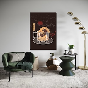 Japanese Wave in Coffee Cup Canvas, Modern Asian Art, Surreal Home Decor, Ocean Wave Illustration, Coffee Lover Wall Gift Art, Home Decor