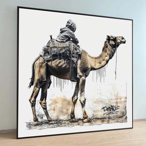Moderna arte di cammello su tela, decorazione murale con graffiti del deserto urbano, stampa di street art unica, arredamento contemporaneo ispirato agli animali