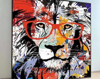 Stampa artistica di leone, tela di leone colorata, decorazione da parete di animali, grande arte astratta da parete su tela di animali, pronta per essere appesa