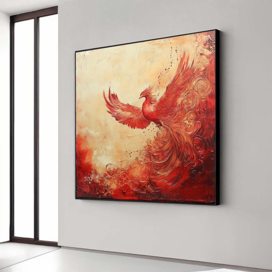 Majestic Phoenix Rising Canvas, Fiery Bird Wall Art, Abstract Red and ...