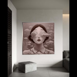 Lienzo con retrato de mujer surrealista, gafas con reflejo de pez, arte mural de paisaje onírico submarino, lienzo decorativo moderno para regalar y decoración del hogar.