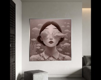 Surreal Woman Portrait Canvas, Fish Reflection Glasses, Underwater Dreamscape Wall Art, Modern Decorative Canvas for Gift Art, Home Decor