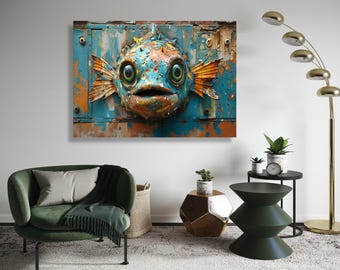 Steampunk Fish Canvas Wall Art, Rustic Industrial Nautical Decor