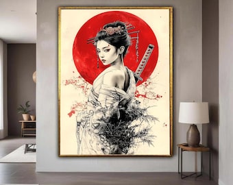May include: A framed artwork featuring a geisha with a katana, set against a red sun. The geisha is depicted in black and white, with red accents on her lips and eyes. The artwork has a gold frame and is displayed in a modern interior.