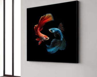 Lienzo vibrante de pez Betta, arte mural de pez luchador siamés rojo y azul, decoración colorida para acuario, regalo de peces exóticos, decoración del hogar
