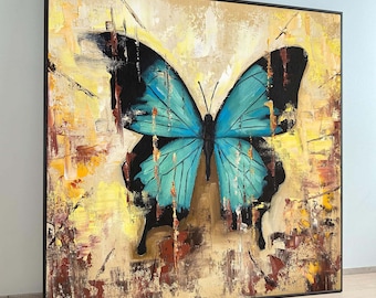 Butterfly Wall Art, Abstract Butterfly Canvas, Blue Butterfly Wall Art, Modern Insect Painting, Ready to Hang Decor