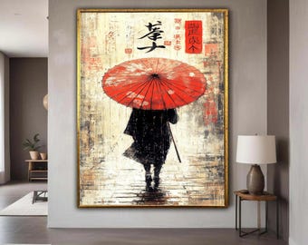 Aziatische vrouw met rode paraplu canvas, traditionele Japanse kunst, vintage stijl muur decor, oosterse schilderij op canvas, cadeau kunst, woondecoratie