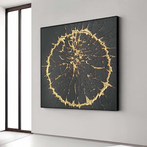 Golden Cracked Circle Art, Abstract Textured Canvas, Metallic Gold Wall Decor, Ready to Hang, Ready to Hang