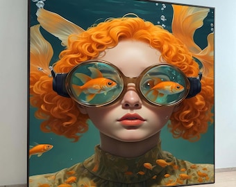 Könnte beinhalten: Gerahmtes Kunstwerk mit einer Person mit orangefarbenem, lockigem Haar und einer großen runden Brille, in deren Gläsern sich jeweils ein Goldfisch befindet. Die Person trägt ein grünes Hemd mit einem orangefarbenen Fischmuster. Der Hintergrund ist dunkel türkis mit Blasen und weiteren Goldfischen.