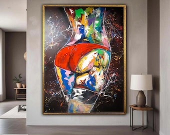 May include: Abstract artwork depicting a figure's back, wearing red briefs, framed in gold. The painting uses a vivid palette of colours, including blue, green, yellow, and white, set against a dark backdrop with white splatter effects. The artwork is displayed in a contemporary interior.