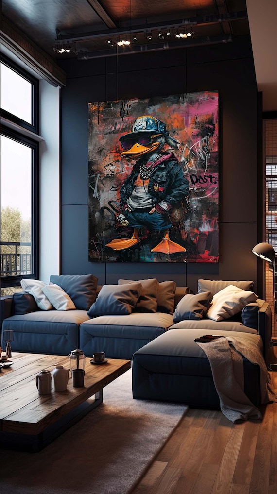 Street Style Duck Canvas, Urban Graffiti Art, Hipster Duck Painting, Cool Animal Portrait, Quirky Wall Decor, Funky Duck Art