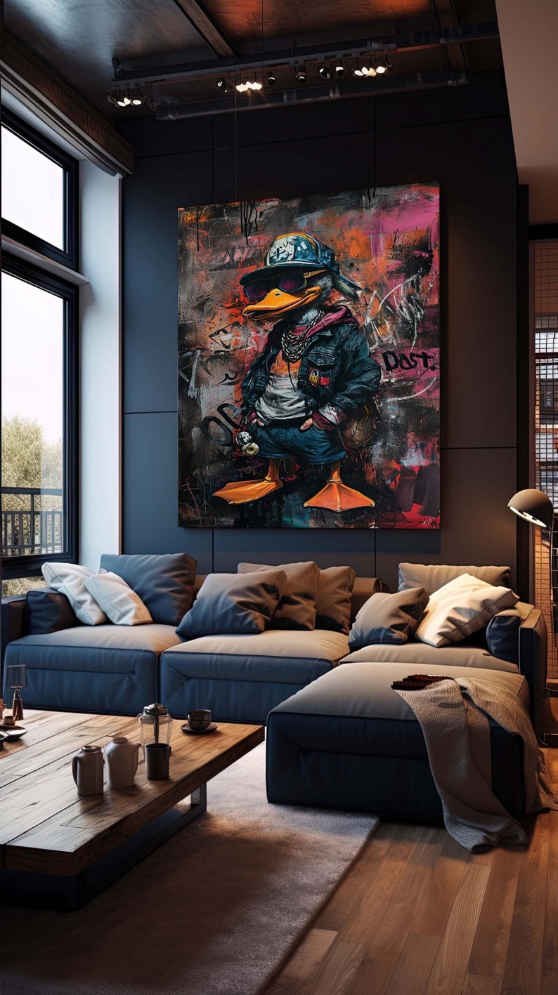 May include: A colorful painting of a duck wearing a hat, sunglasses, and a leather jacket. The duck is standing on a street with graffiti in the background. The text "Dast!" is visible in the painting.