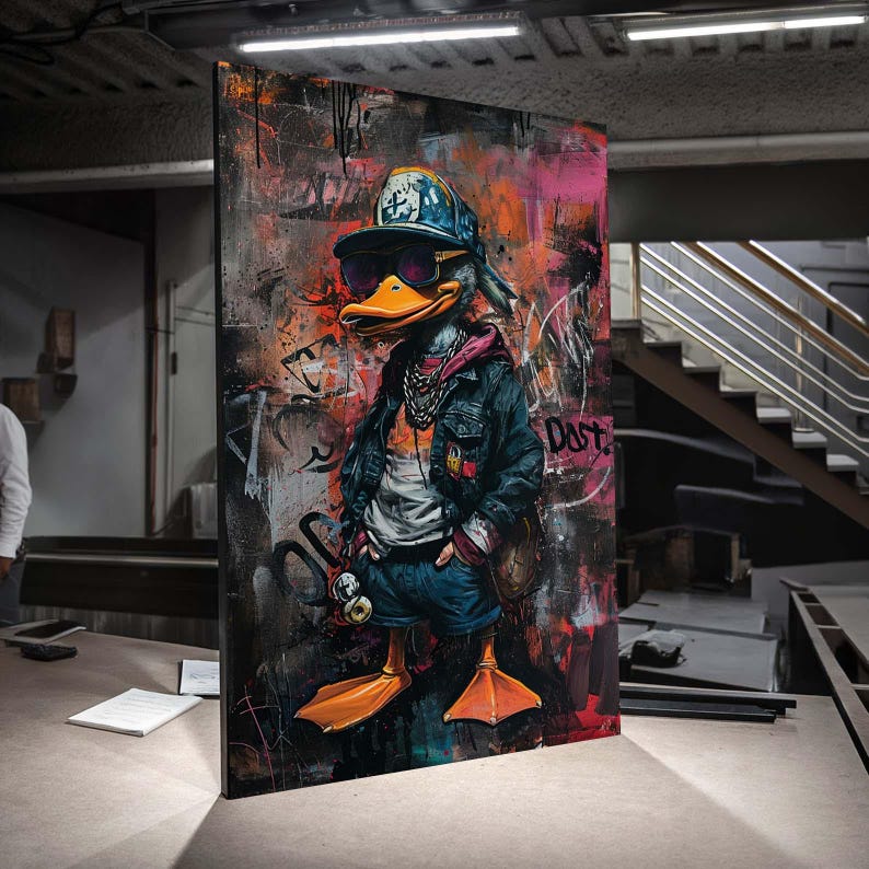May include: A colorful, abstract painting of a cartoon duck wearing a baseball cap, sunglasses, and a denim jacket. The duck is standing on a graffiti-covered wall with the word "Dust" visible.