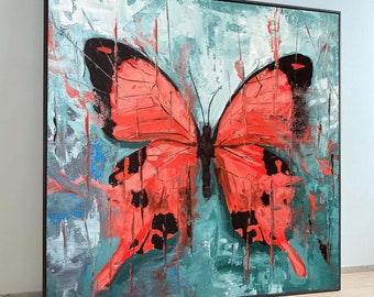 Butterfly Wall Art, Abstract Butterfly Canvas, Red Butterfly Wall Art, Modern Insect Painting, Ready to Hang Decor