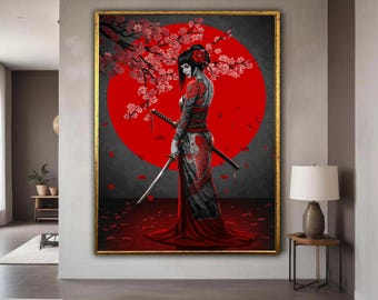 Lienzo decorativo con retrato de geisha samurái, flor de cerezo japonesa y sol rojo, tatuaje de pez koi, regalo de guerrero asiático, decoración del hogar