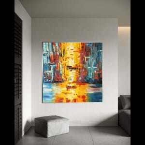 Vibrant Cityscape Abstract Canvas, Modern Urban Wall Art, Colorful City Reflection Painting, Contemporary Home Decor Gift Art, Home Decor