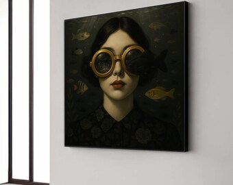 Surreal Underwater Portrait, Vintage Style Canvas Wall Art, Woman with Gold Goggles and Fish, Dark Artistic Home Gift Art, Home Decor