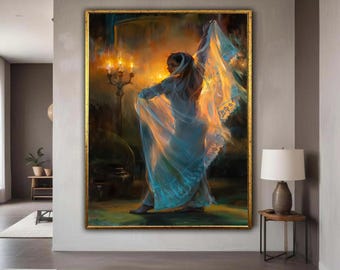 Elegant Veiled Woman Dance Canvas, Mystical Ethereal Glow Wall Art, Soft Fabric Movement, Candlelight Ambiance Home Gift Art, Home Decor