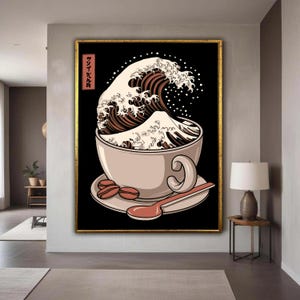 Coffee Cup Wave Canvas Wall Art, Japanese Art Coffee Theme, Kitchen Decor Canvas, Modern Pop Art Coffee Illustration, Gift Art, Home Decor