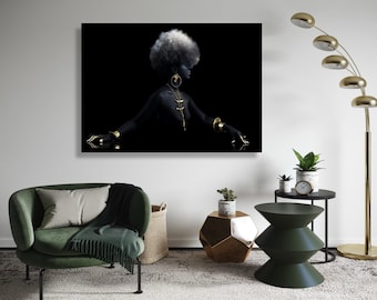 Elegante afro vrouw portret canvas, zwarte body art muur decor, gouden sieraden canvas, moderne glamour kunst aan de muur, mode cadeau kunst, woondecoratie