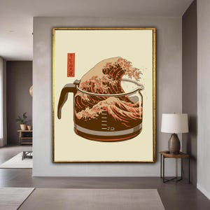 Coffee Wave Illustration Canvas Art, Japanese Style Coffee Pot Wall Art, Modern Kitchen Decor, Unique Coffee Lover Gift Art, Home Decor