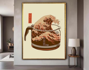Coffee Wave Illustration Canvas Art, Japanese Style Coffee Pot Wall Art, Modern Kitchen Decor, Unique Coffee Lover Gift Art, Home Decor