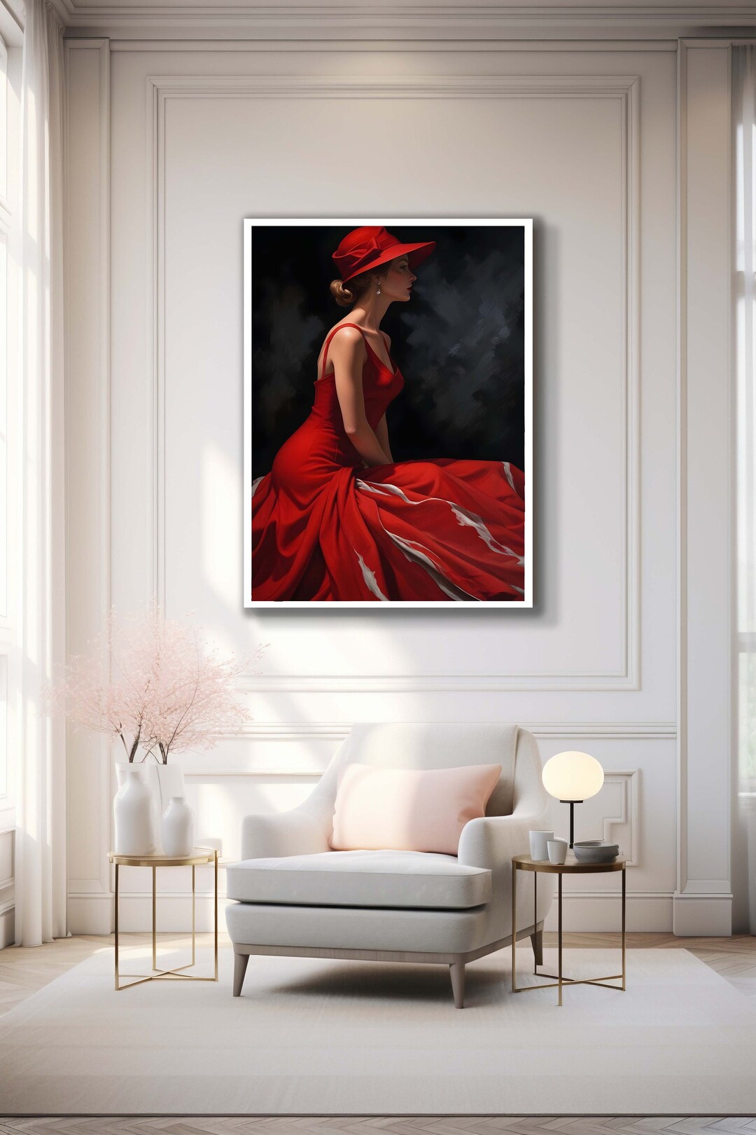 Lady in Red Dress Canvas Art, Elegant Woman With Hat Wall Art ...