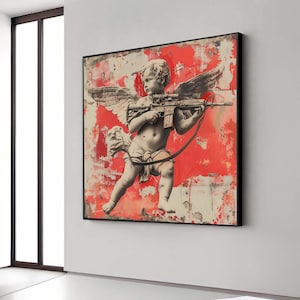 Urban Rebel Cherub Graffiti Art Canvas  Edgy Modern Angel Decor with Rifle, Provocative Street Art for Home