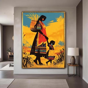 母と子のキャンバスアート、アフリカ風プリント、シルエットの家族の壁飾り、カラフルな民族アート、愛とつながりのホームアート