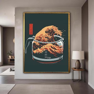 Coffee Wave Art, Japanese Style Coffee Pot Canvas, Modern Kitchen Wall Art, Unique Beverage Canvas, Pop Art Coffee Gift Art, Home Decor
