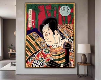 Traditioneller japanischer Samurai Krieger Leinwand, Kabuki Kunstdruck, Asiatisch Historische Wandkunst, Bambus Hintergrund Dekor, Geschenk Kunst, Wohnkultur