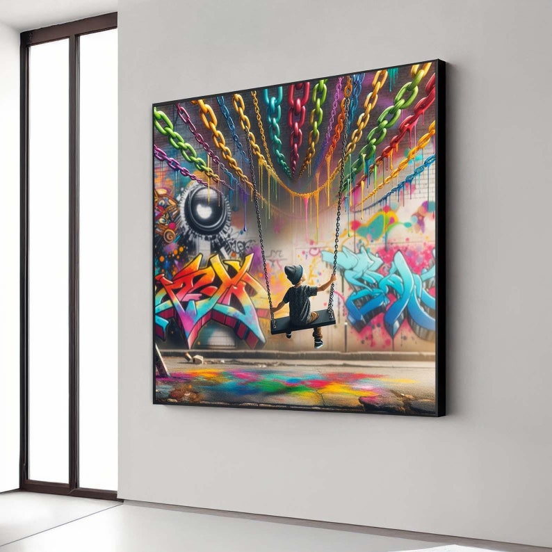 Chain Graffiti Colorful Urban Graffiti Wall Canvas, Vibrant Kid Street Art Print, Bold ...